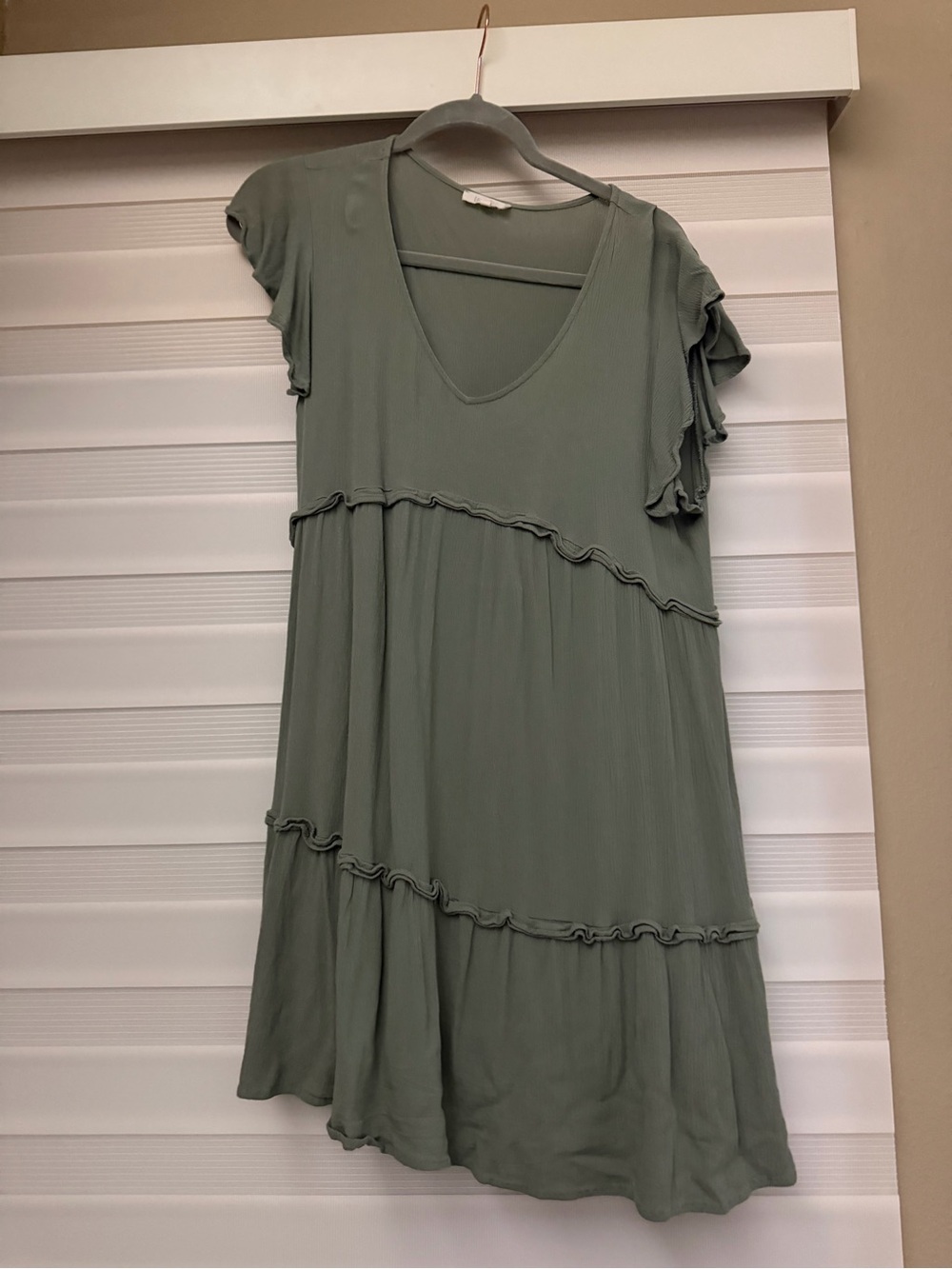 Sage Green Ruffled Short Sleeve V-Neck Dress